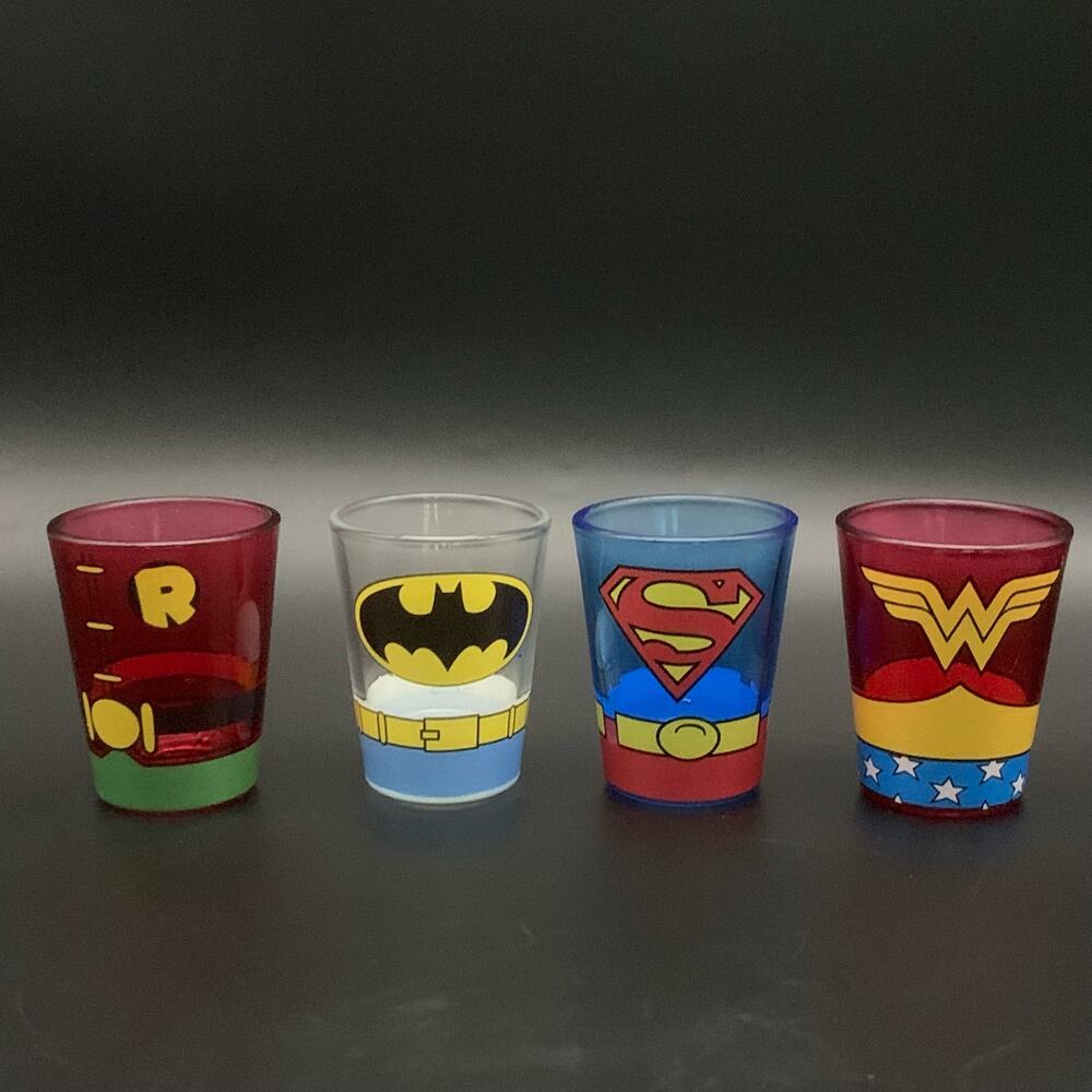 NEW DC Justice League Glassware Set of 4 Shot Glasses 1.5oz Batman Superman